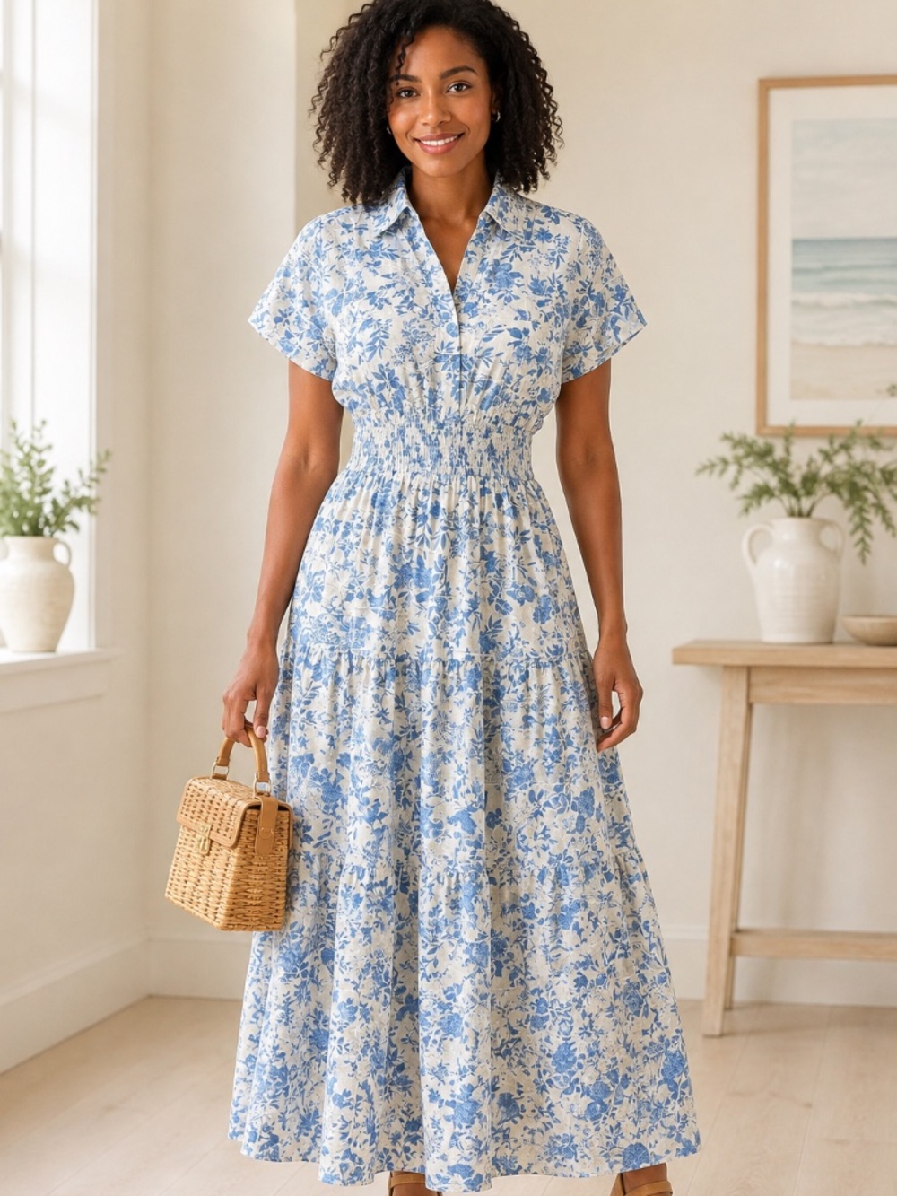 Joie Blue White Floral Embroidered Smocked Maxi Dress L Large Tiered Summer